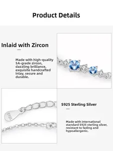 Macro detail of S925 sterling silver bracelet featuring blue and white zircon stones