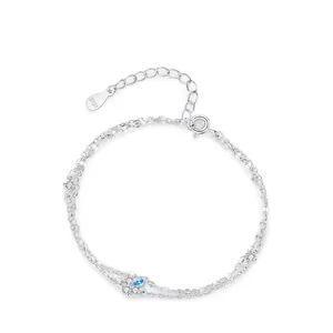 925 Sterling Silver Light Blue Flower Double Layer Chain Bracelet For Women Simple Zirconia Inlaid Luxury Fashion Hand Jewelry