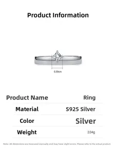 Détail de la bague en argent S925 avec diamant carré étincelant et un poids de 2,04g