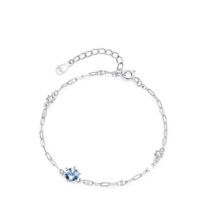 Bracelet en Argent Sterling 925 Avec Zirconia Bleu Clair pour Femme Mode Chaîne Carrée Minimaliste Bijoux Géométriques