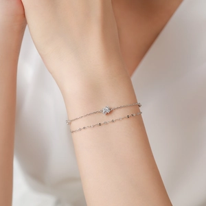 925 silver double-layer bracelet with a sparkling light blue flower pendant for women