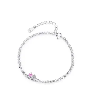 S925 Sterling Silver Cherry Blossom Pink Zirconia Bracelet For Women Sweet Double Layer Link Chain Adjustable Fashion Jewelry