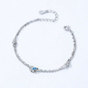 Double-layer 925 sterling silver bracelet with cute light blue flower and zircons