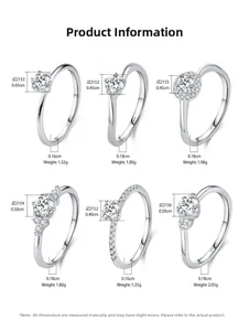 Detailed size specifications for S925 sterling silver rings with cubic zirconia stones