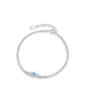 Bracelet à Couches en Argent Sterling 925 Minimaliste pour Femme Zirconia Bleu Ciel Incrusté Bijoux de Main de Luxe