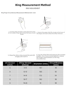 Size chart for S925 silver ring showing measurement steps and US size conversions