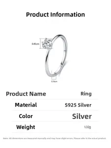 Vue détaillée bague solitaire S925 argent sterling six griffes avec pierre de 0,45cm