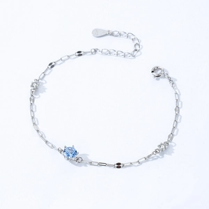 Bracelet chaîne en argent 925 avec pierre bleue taillée et breloque en forme de cœur