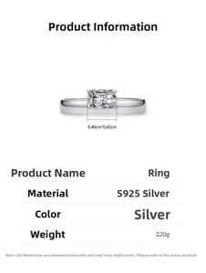 Detailed product specifications for S925 silver ring with 0.4x0.6cm square zircon stone