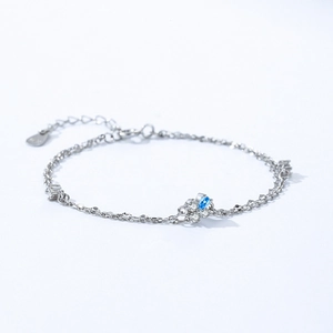 925 silver double-layer bracelet featuring a light blue flower pendant with white zircons