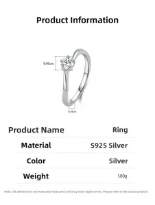 Detailed view of S925 sterling silver ring dimensions with 0.45cm solitaire zircon
