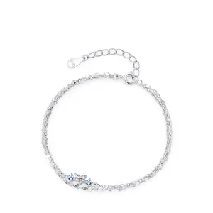 Bracelet Cœur Double Couche en Argent Sterling 925 Zirconia Étincelant Pierre Bleu Clair Bijoux Minimalistes Femme