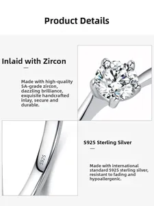 Macro shot of 5A zircon with manual six-prong setting on S925 sterling silver ring band
