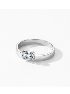 Detail of S925 sterling silver ring with rectangular zircon in minimalist half-bezel setting