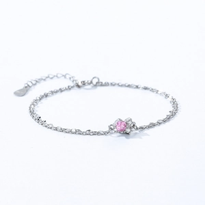 Double-layered S925 sterling silver bracelet with pink zircon and leaf accent
