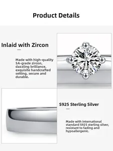 Macro detail of S925 sterling silver ring showing four-prong set 5A cubic zirconia