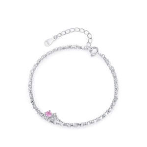 Double-layer S925 sterling silver bracelet with pink zircon and shimmering cut texture