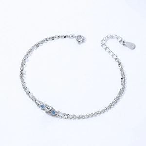 Bracelet double couche en argent S925 avec pendentif cœur en zircon bleu clair