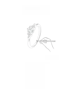 Detailed sketch showing S925 sterling silver ring with a round center diamond and accents