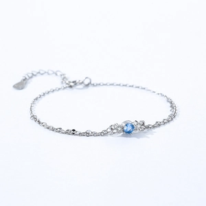 Elegant S925 sterling silver double-layer bracelet with ice blue round zircon and heart charm
