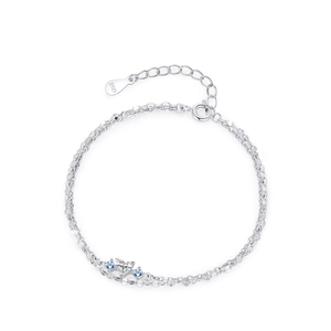 Bracelet double couche en argent S925 avec zircon cœur et pierres bleu clair