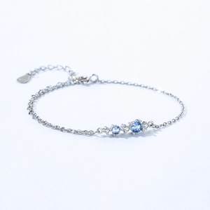S925 Sterling Silver Bracelet with light blue round gems and double-layered thin chain