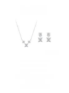 Macro detail of S925 sterling silver four-pointed star necklace and earrings set