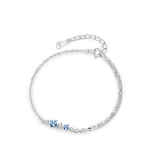 Minimalist S925 sterling silver double chain bracelet with ice blue and white stones