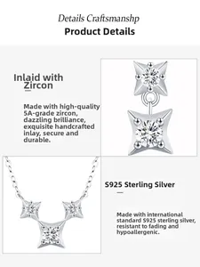 Detail of S925 sterling silver necklace with four-pointed star pendant and 5A cubic zirconia