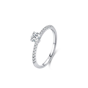 Elegante anello di fidanzamento in argento S925 con solitario rotondo a 4 griffe e pietre
