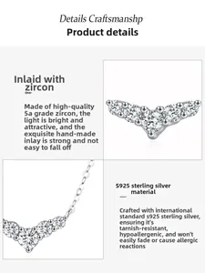 Detailed view of S925 sterling silver V-shape necklace pendant with 5A grade cubic zirconia