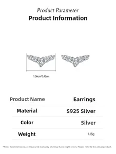 Detailed dimensions of S925 sterling silver V-shape stud earrings with white zircons
