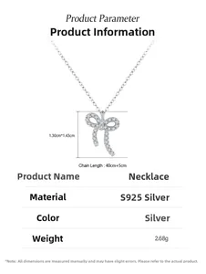 Detailed spec view of S925 sterling silver bow necklace with weight and dimensions