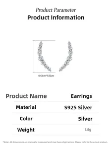 Detailed product parameters of S925 silver curved smile earrings with sparkling zircons