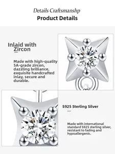 Detailed macro view of S925 sterling silver four-point star earring with 5A grade zircon