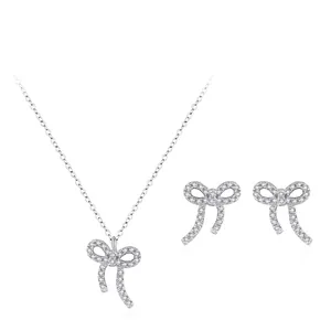 Parure de Bijoux en Argent Sterling 925 Nœud Papillon pour Femme Collier et Boucles d'Oreilles en Zirconia Pavé Bijoux de Fête