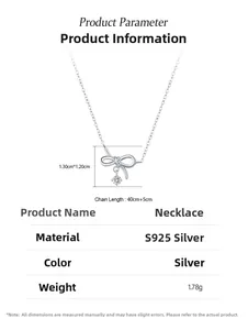 Detailed specs of S925 sterling silver bow necklace with dimensions and zircon drop