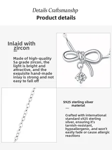 Detailed craftsmanship of S925 sterling silver bow pendant with 5A grade cubic zirconia