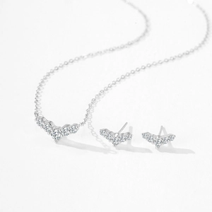 S925 sterling silver jewelry set featuring V-shaped wing pendant necklace and matching studs