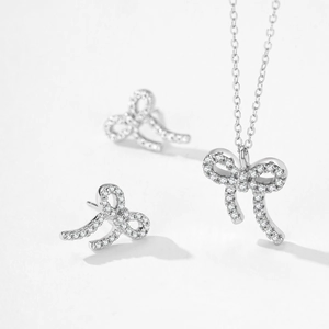 Elegant S925 sterling silver bowknot necklace and earrings set with sparkling zircon