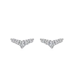 925 Sterling Silver V-Shaped Zirconia Stud Earrings For Women Minimalist Dolphin Fish Tail Dainty Pave Rhinestone Jewelry