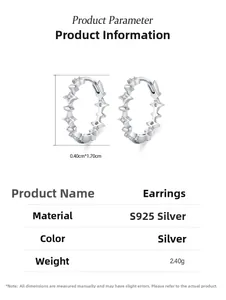 Macro view of S925 sterling silver star earrings with zircons and product measurements