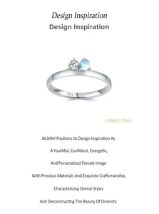 Macro detail of S925 sterling silver ring with moonstone and round cubic zirconia