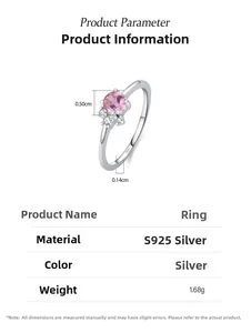Macro detail of S925 silver ring featuring a 0.50cm pink zircon stone with dimensions