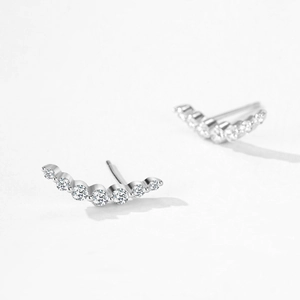 Curved S925 sterling silver ear crawlers with seven sparkling round cubic zirconia stones