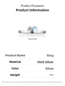 Detailed size chart for 925 sterling silver moonstone ring with dimensions and weight
