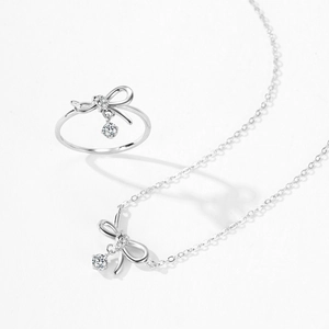 Elegant S925 sterling silver bow jewelry set with sparkling zircon necklace and ring