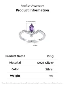 Vue détaillée d'une bague en argent S925 avec améthyste goutte et petits oxydes de zirconium