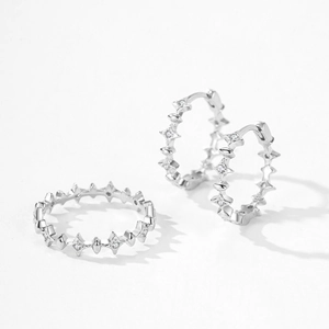 Sparkling S925 sterling silver four-pointed star earrings and ring jewelry set for women