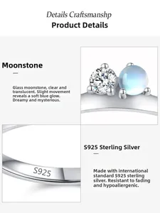 Macro shot of 925 sterling silver ring featuring a glowing moonstone and s925 stamp
